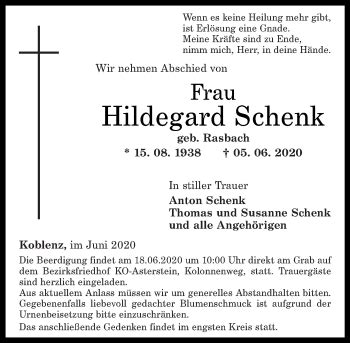 Traueranzeigen Von Hildegard Schenk Rz Trauer De