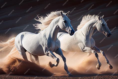 Premium Ai Image Two White Horses Running In The Desert