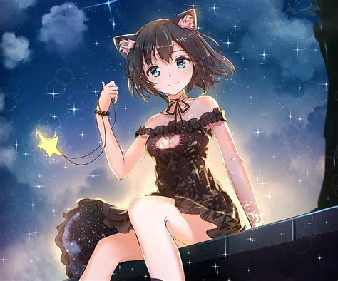 720p Free Download Neko Girl Pretty Dress Bonito Woman Clouds