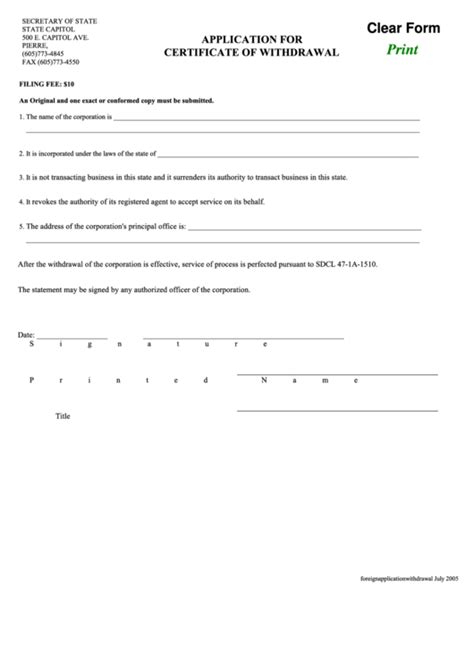 Fillable Application For Certificate Of Withdrawal Form Printable Pdf