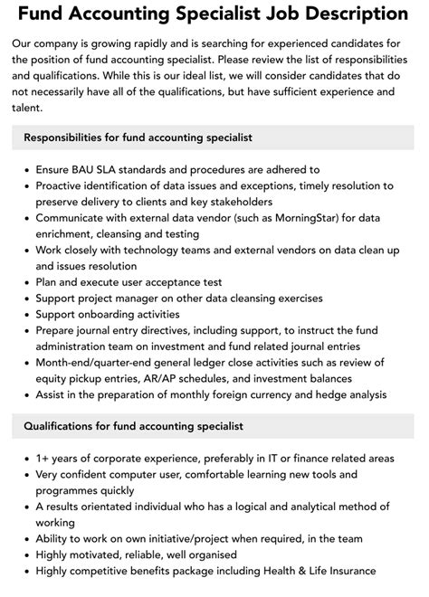 Fund Accounting Specialist Job Description Velvet Jobs