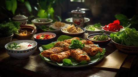 Uma Mesa Cheia De Comida Incluindo Frango Vegetais E Arroz Foto