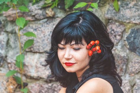 Beautiful Pretty Brunette With Red Lipstick With Red Rose H Stock Photo