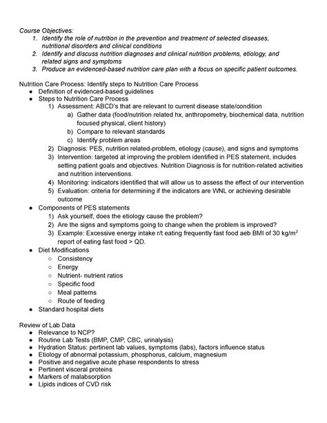 Exam 1 Review For Nutrition Care Process Exam Course Objectives 1