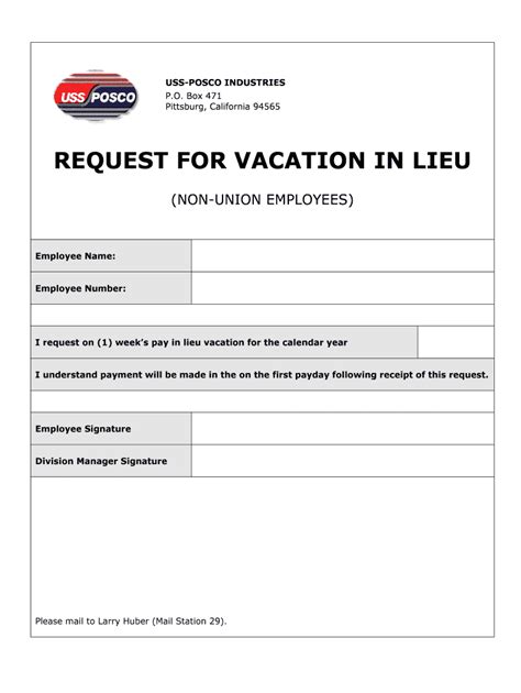 Fillable Online Request For Vacation In Lieu Non Union Uss Posco