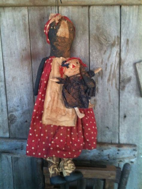 Primitive Folk Art Black Doll Americana With Annie Doll Grungy Prim Farmhouse Naiveprimitive