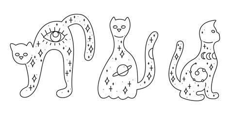 A Small Set Of Three Silhouettes Of Magical Cats Doodle Vector