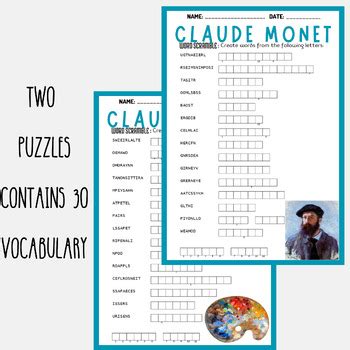 Claude Monet Biography Word Scramble Puzzle Worksheets Activity Tpt