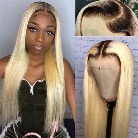 Amazon Ombre Straight Blonde Lace Front Human Hair Wigs With Dark Root Black Remy