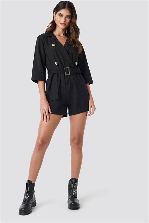 Front Button Linen Look Playsuit Black Na