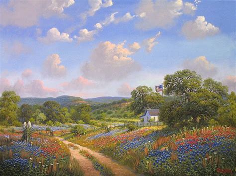 A Painting Of A Country Road Surrounded By Wildflowers