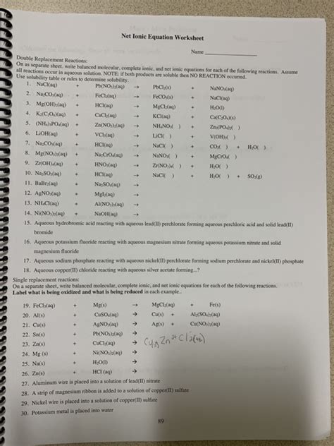 Solved Net Ionic Equation Worksheet JOD Name Double Chegg