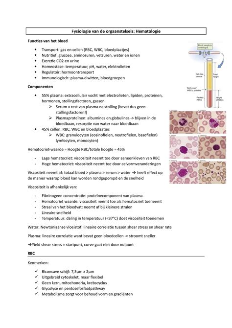 Samenvatting Hematologie Fysiologie Van De Orgaanstelsels