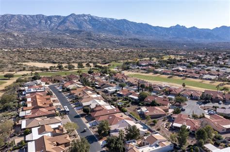 Desert Residential Community With Catalina Mountains Stock Photo