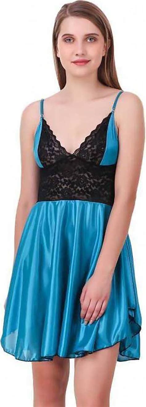 Buy In Curve Women Net Lace Self Design Baby Doll Nighties Blue Online