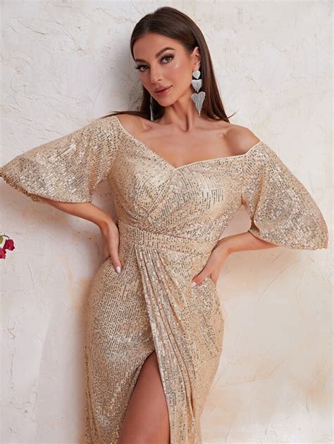 Giffniseti Off Shoulder Lantern Sleeve Wrap Hem Sequin Dress SHEIN USA