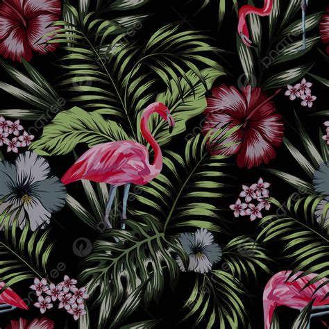 Beautiful Tropical Bird Pink Flamingo With Flowers Hibiscus Background