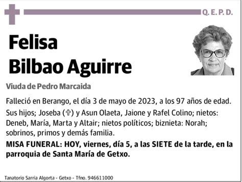 Felisa Bilbao Aguirre Esquela Necrol Gica El Correo