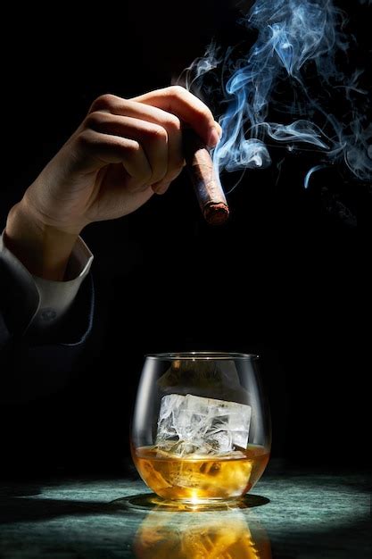 Un Vaso De Whisky Y Un Cigarro Con Humo Foto Premium