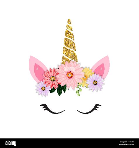 Lindo Unicornio Cabeza Y Ojos Con Flor Ilustración Vectorial Eps10