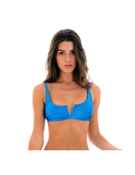 Sujetador De Bikini Texturizado Color Azul Escote En V Sin Varillas