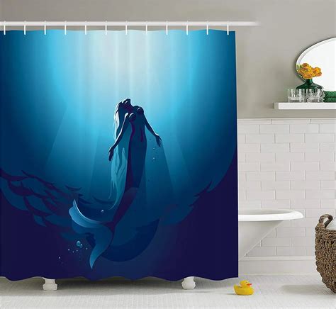 Mermaid Decor Shower Curtain Mermaid In Deep Water Swimming Up To The