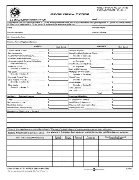 Personal Financial Statement Form Small Business Administration