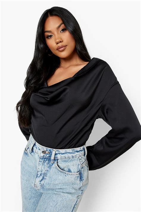 Satin Collar Detail Cowl Neck Bodysuit Boohoo