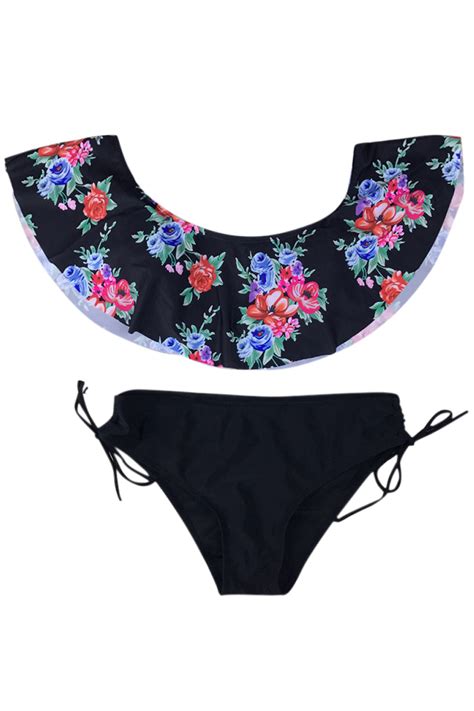 Iyasson Flower Printing Falbala Bikini Top With Black Ties At Bottom S