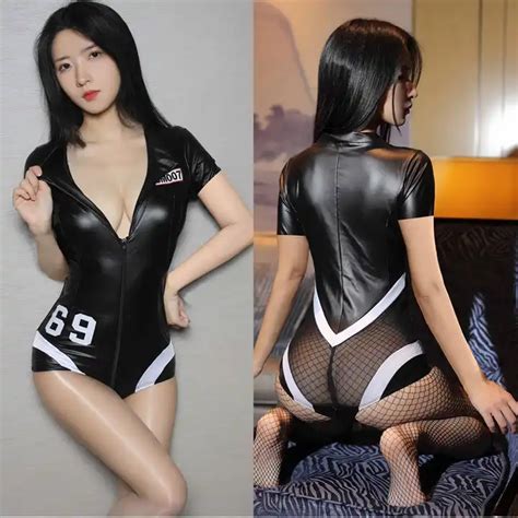 Sexy Faux Leather Teddy Lingerie For Women Mesh Patchwork Zipper PVC Bodysuit Open Crotch