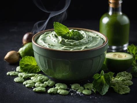 A Bowl Of Dip With A Green Substance In It Premium Ai Generated Image