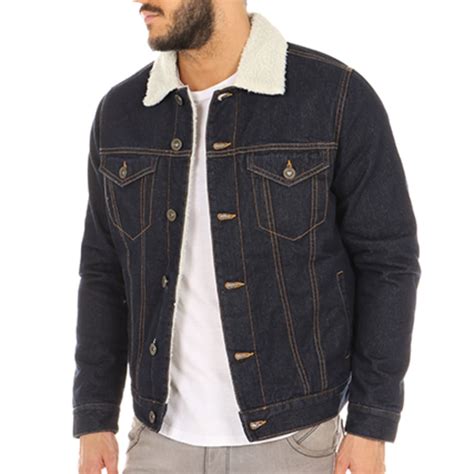 Celio Veste En Jean Col Mouton Jusherpa Bleu Brut