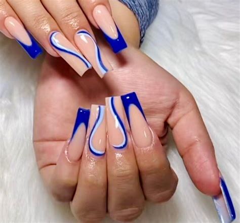 Blue French Tips With Swirl Design Choose The Shape Lenght Of Your