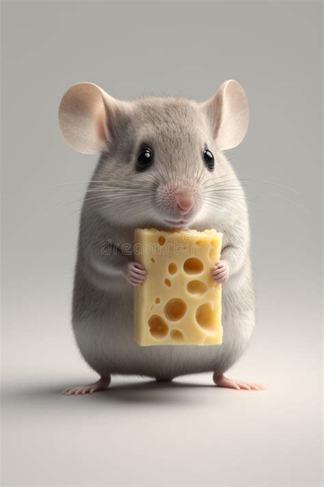 Generative AI Illustration Of Mouse Holding A Piece Of Cheese Stock