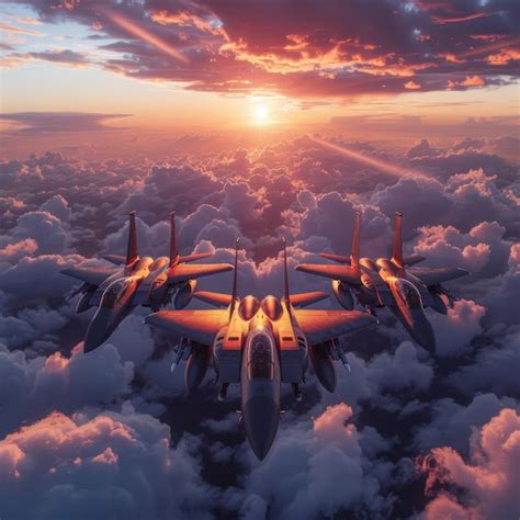 Stunning Formation Of Fighter Jets Over Sunset Clouds Military