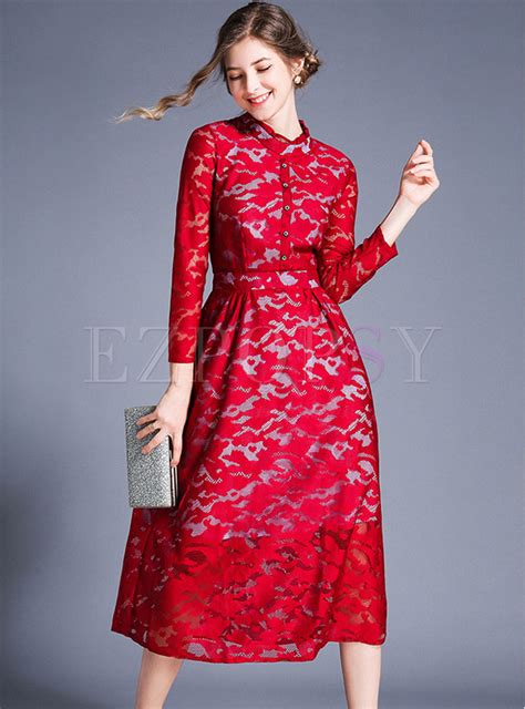 Dresses Skater Dresses Elegant Lace Stand Collar Slim A Line Dress