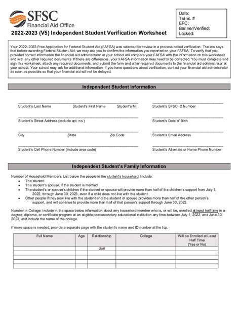 Fillable Online Verification Worksheets Independent Student