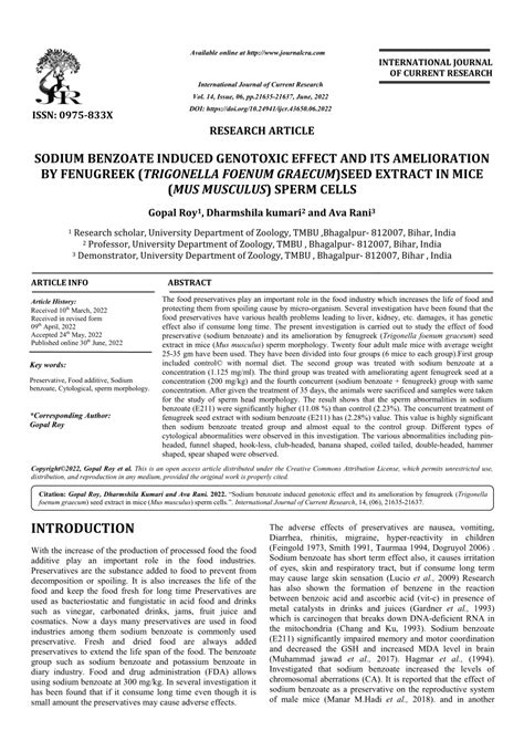 PDF SODIUM BENZOATE INDUCED GENOTOXIC EFFECT AND ITS AMELIORAT IONBY