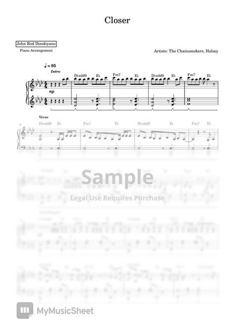 The Chainsmokers Closer Piano Sheet 악보 By John Rod Dondoyano