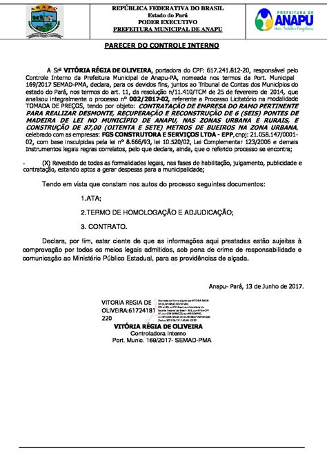 Parecer Controle Interno Prefeitura Municipal De Anapu Gest O