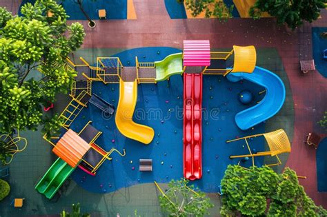 Aerial Top View Of Colorful Playground With Slides In The City Park