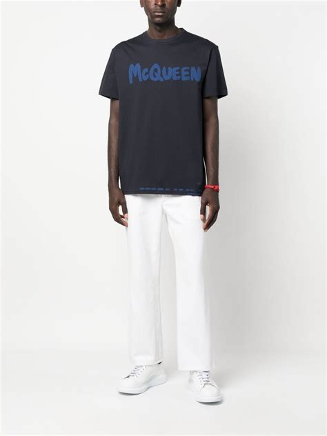 Alexander Mcqueen Logo Print Cotton T Shirt Blue Farfetch Uk