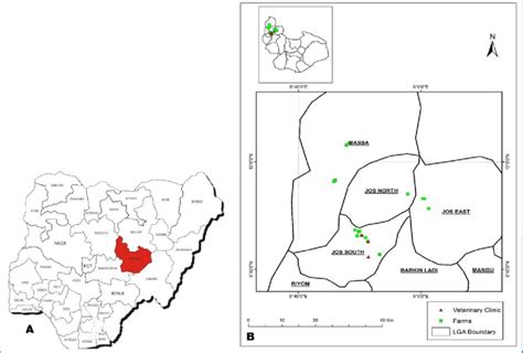 A. Map of Nigeria showing Plateau State. B. Map of Plateau State ...