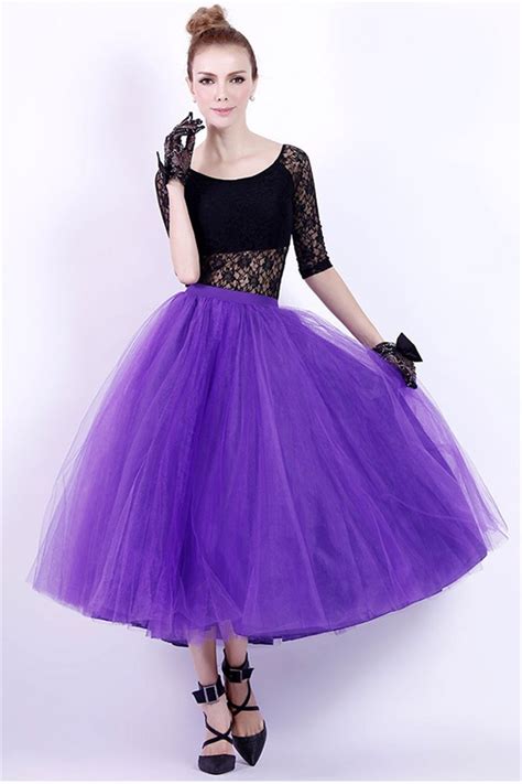 Ball Gown Scoop Neck Tea Length Black Lace Purple Tulle Prom Dress With