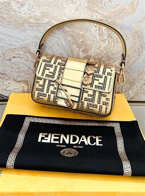 Fendi X Versace Fendace Logo Metallic Brooch Baguette Nm Zucca Leather