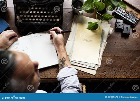 Man Using Retro Typewriter Machine Work Writer Stock Image Image Of