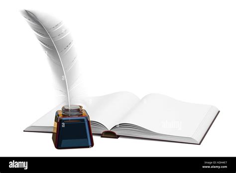 Blank Book With Feather And Ink Bottle 3D Rendering Isolated On White