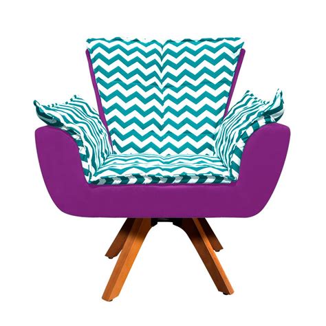 Poltrona Giratória Opala Zig Zag Verde Turquesa D78 Suede Roxo Base