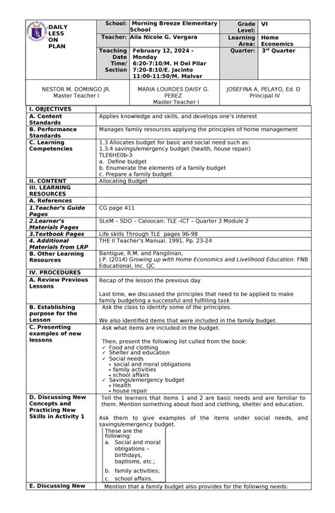 Tle 6 Home Economics Week 2 Daily Less On Plan School Morning