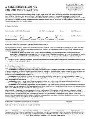 Fillable Online Shb Umn 2012 2013 AHC SHBP Waiver Request Form Shb